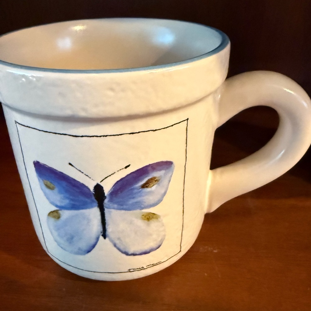 1999 Boston Warehouse Trading Co Glazed Pottery Coffee Mug Blue Butterfly Cup